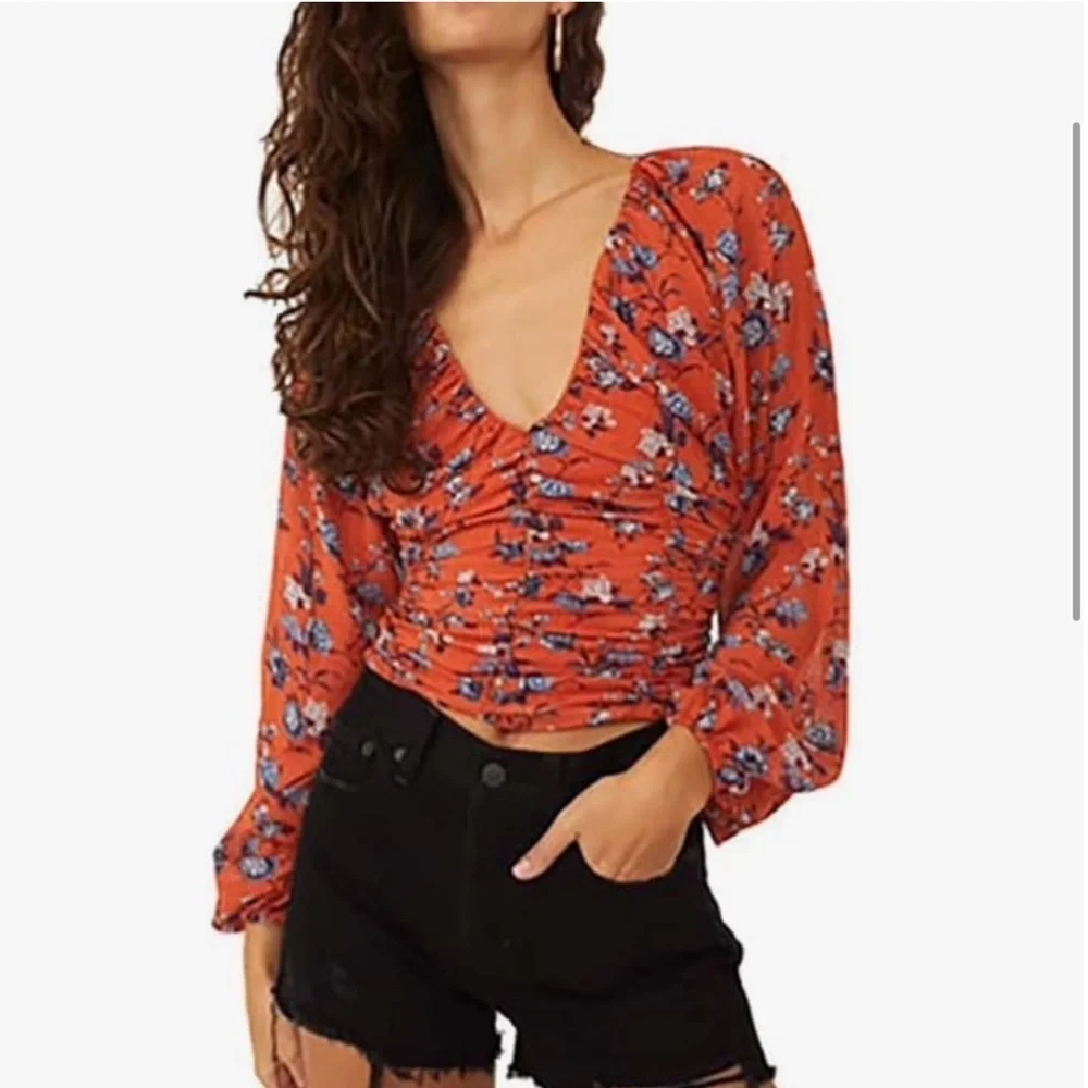 Free People Final Rose Rust Floral Ruched V-Neck Blouse XS